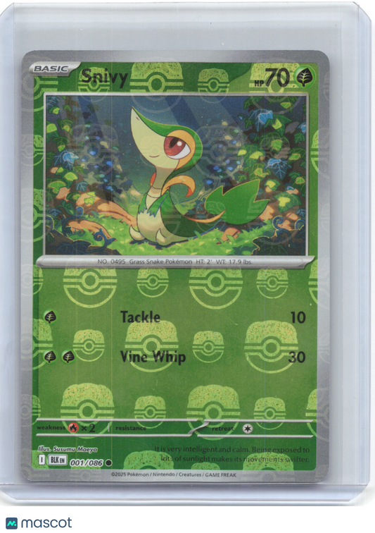 2025 Pokemon—Snivy #1/86 S&V Black Bolt—Common Reverse Holo (Master Ball)