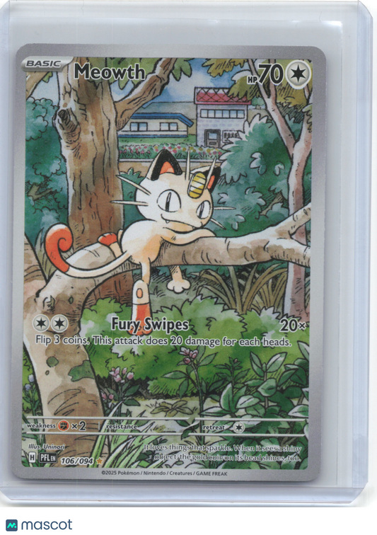 2025 Pokemon—Meowth #106/94 Mega Evolution: Phantasmal Flames—IR Foil
