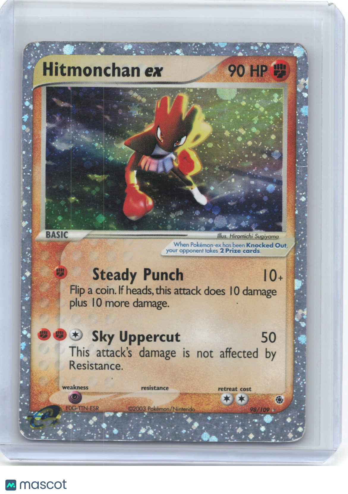 2003 Pokemon—Hitmonchan ex #98/109 Ruby & Sapphire—Ultra Rare Holo (Damaged)