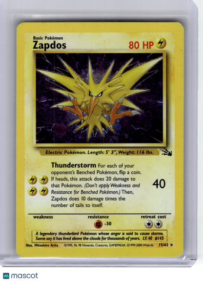 1999 Pokemon—Zapdos #15 Fossil—Rare Holo [Moderately Played]