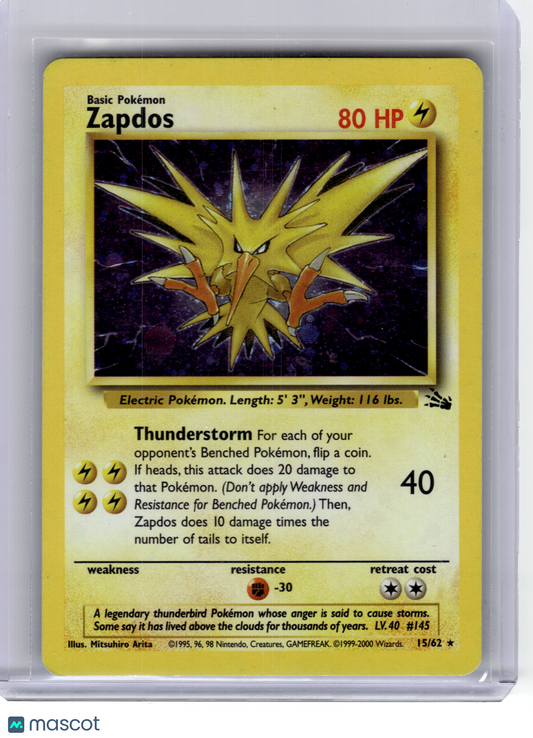 1999 Pokemon—Zapdos #15 Fossil—Rare Holo [Moderately Played]