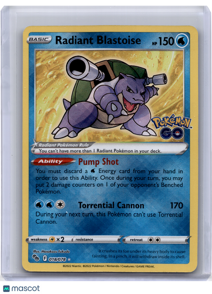 2022 —Radiant Blastoise #018/078 Pokemon GO—Radiant Rare Holo