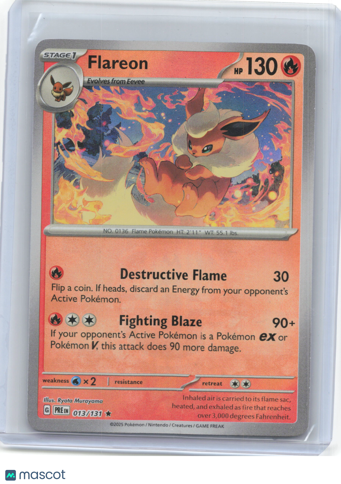 2025 Pokemon—Flareon #13/131 Prismatic Evolutions—Rare RH (Masterball Pattern)