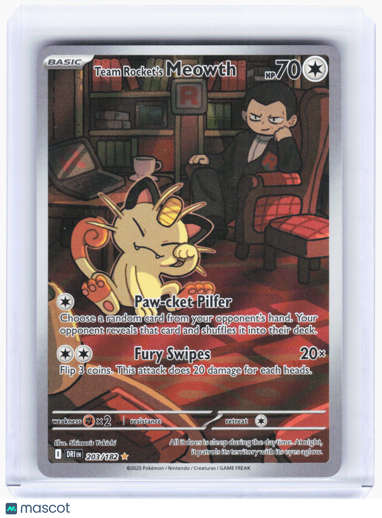 2025 Pokemon—Team Rocket's Meowth #203/182 Destined Rivals—IR Foil