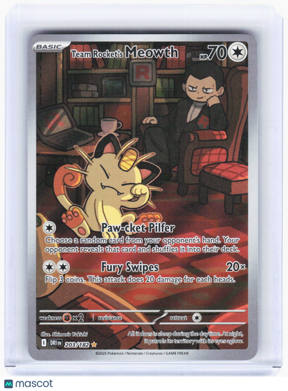 2025 Pokemon—Team Rocket's Meowth #203/182 Destined Rivals—IR Foil