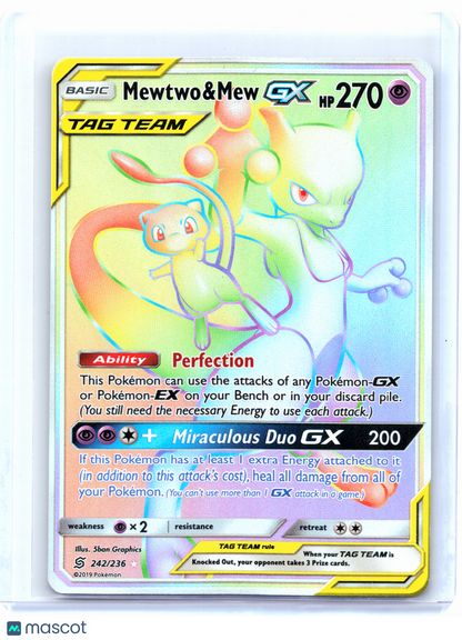 2019 Pokemon—Mewtwo & Mew GX (Secret) #242/236 Unified Minds—Secret Rare Rainbow