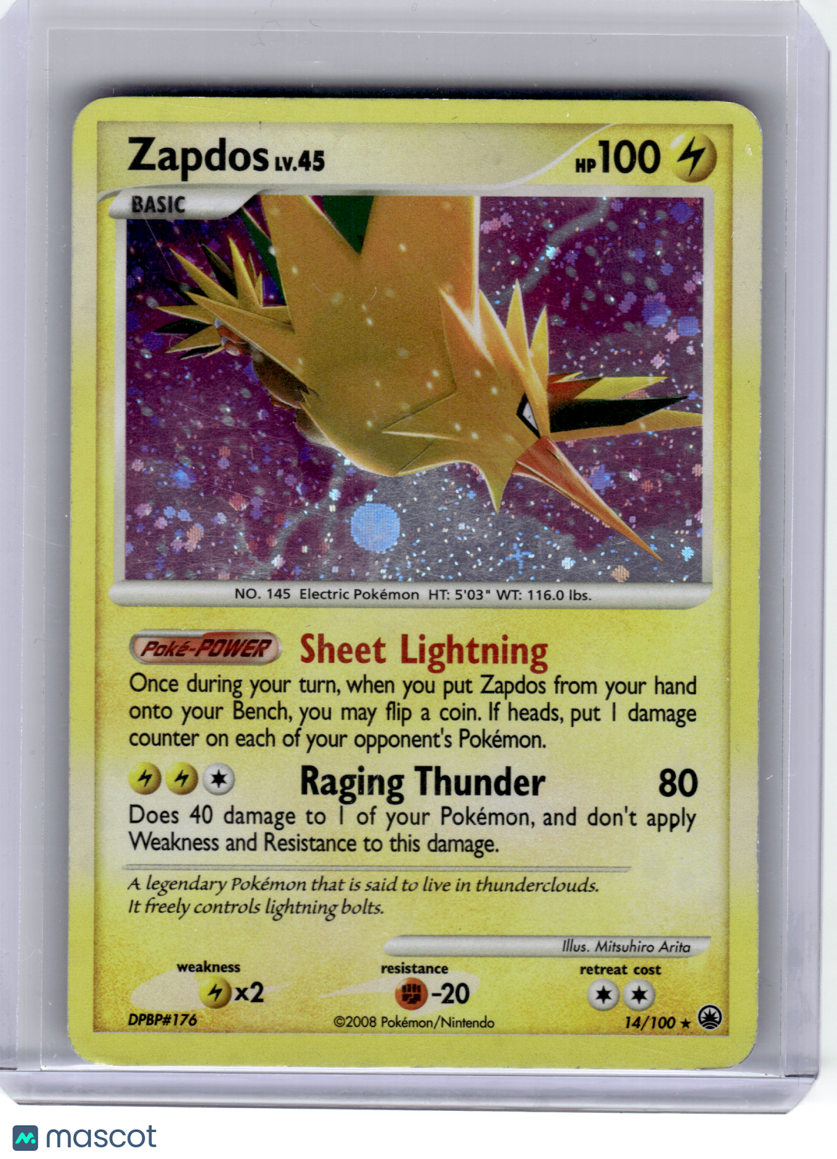 2008 Pokemon—Zapdos #14 Majestic Dawn—Rare Holo [Damage]