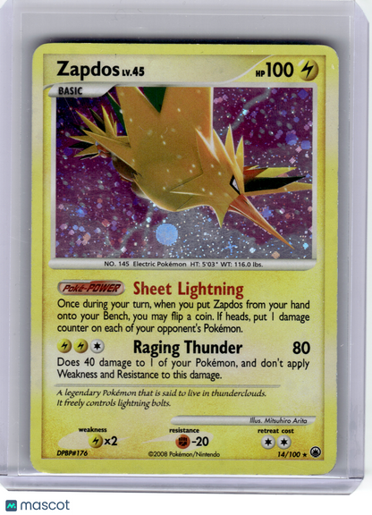 2008 Pokemon—Zapdos #14 Majestic Dawn—Rare Holo [Damage]