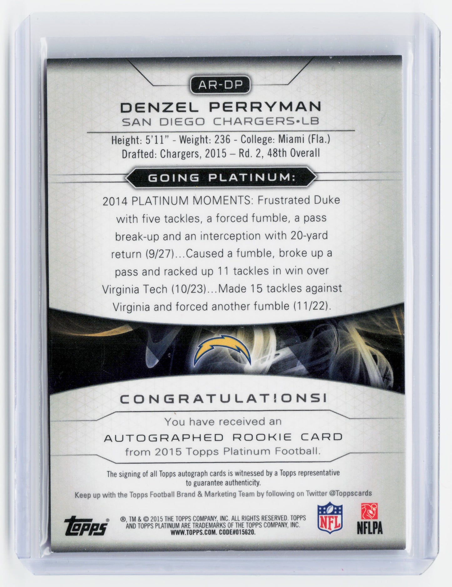 2015 Topps Platinum Football—Denzel Perryman #AR-DP Blue RC 148/150