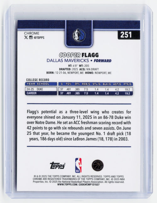 2025 Topps Chrome Basketball—Cooper Flagg #251 Rookie RC—Photo Variation