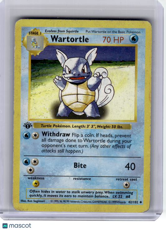 1999 Pokemon—Wartortle #42 Base Set—Uncommon Non Holo [Damage] (1st Edition)
