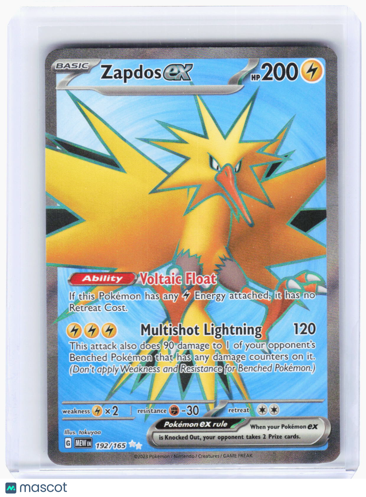 2023 Pokemon—Zapdos ex #192/165 Scarlet & Violet 151—Ultra Rare Foil