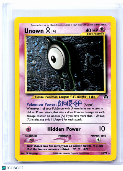 2001 Pokemon—Unown [A] #14/75 Neo Discovery—Holo Rare [Damaged]