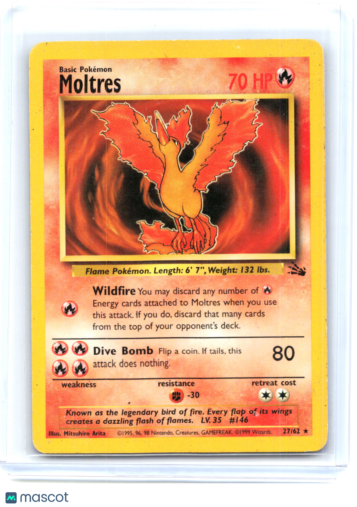1999 Pokemon—Moltres #27/62 Fossil—Rare Non-Holo [Moderately Played]