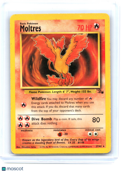1999 Pokemon—Moltres #27/62 Fossil—Rare Non-Holo [Moderately Played]