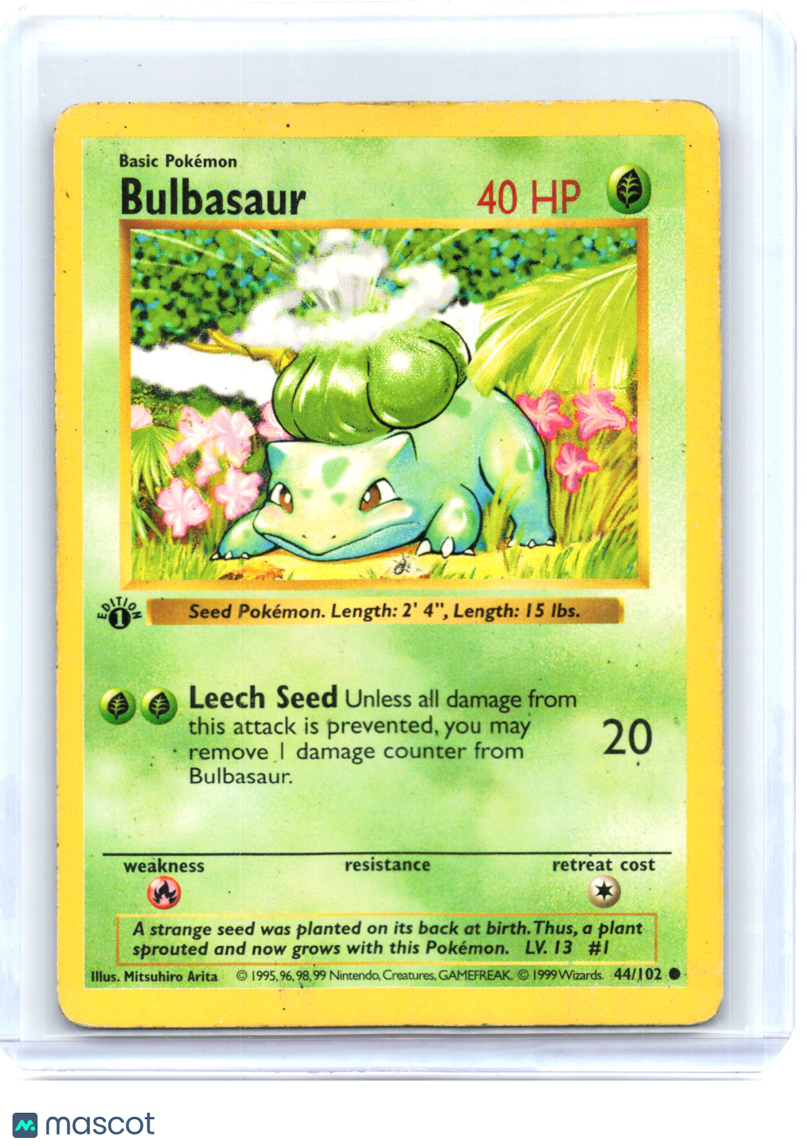 1999 Bulbasaur 44/102 Base Set—Non-Holo (Shadowless) [HP] (First Edition)