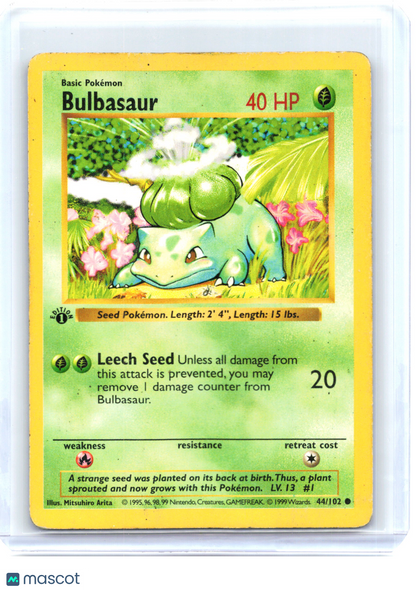 1999 Bulbasaur 44/102 Base Set—Non-Holo (Shadowless) [HP] (First Edition)