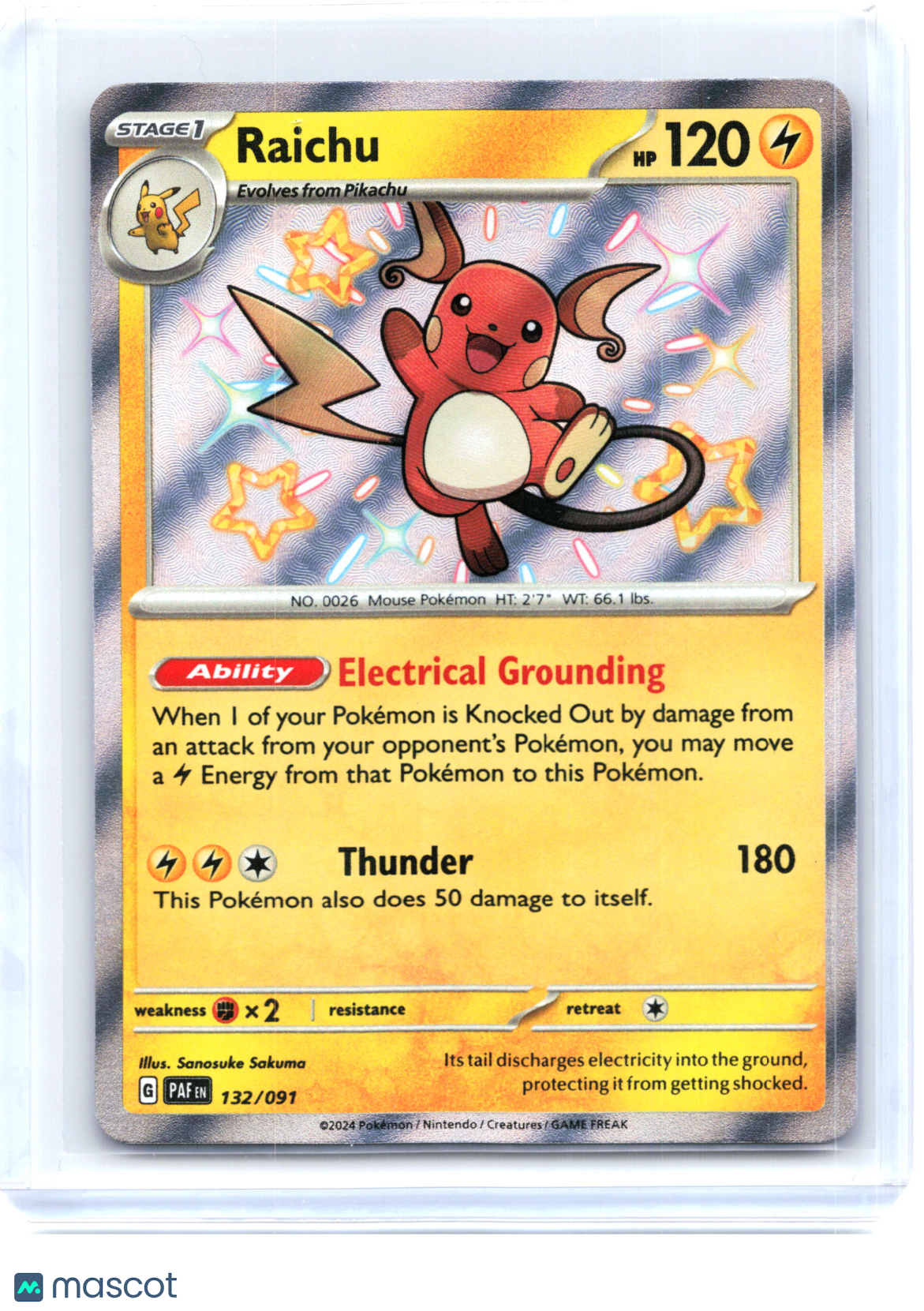 2024 Pokemon—Raichu #132/91 Paldean Fates—Shiny Rare Holo