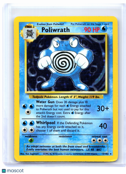 1999 Pokemon—Poliwrath #13/102 Base Set—Holo Rare [Damaged]