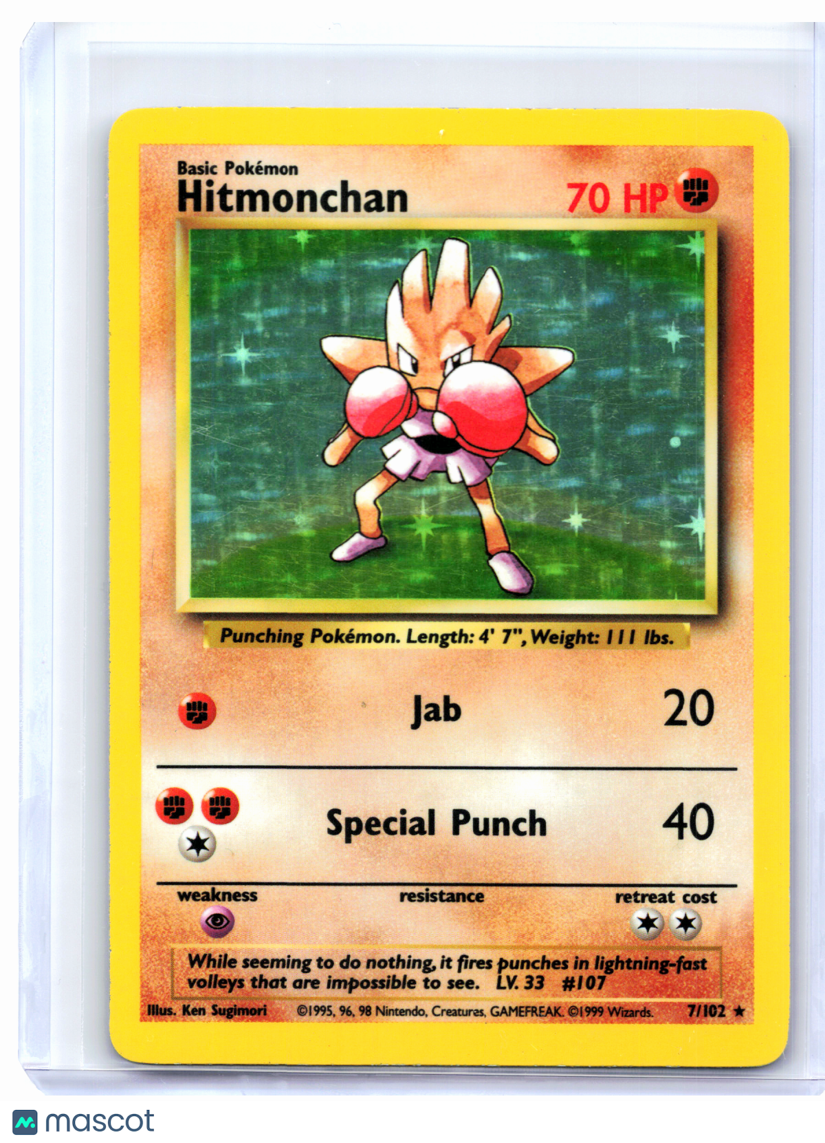 1999 Pokemon—Hitmonchan #7/102 Base Set—Holo Rare [Damaged]