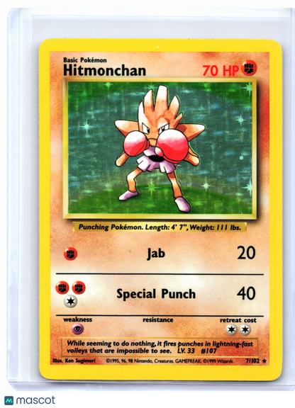 1999 Pokemon—Hitmonchan #7/102 Base Set—Holo Rare [Damaged]