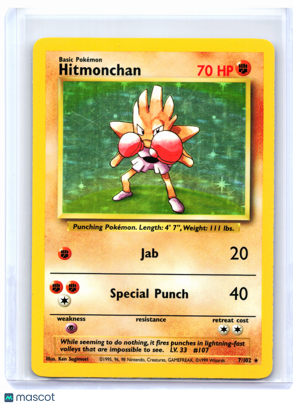1999 Pokemon—Hitmonchan #7/102 Base Set—Holo Rare [Damaged]
