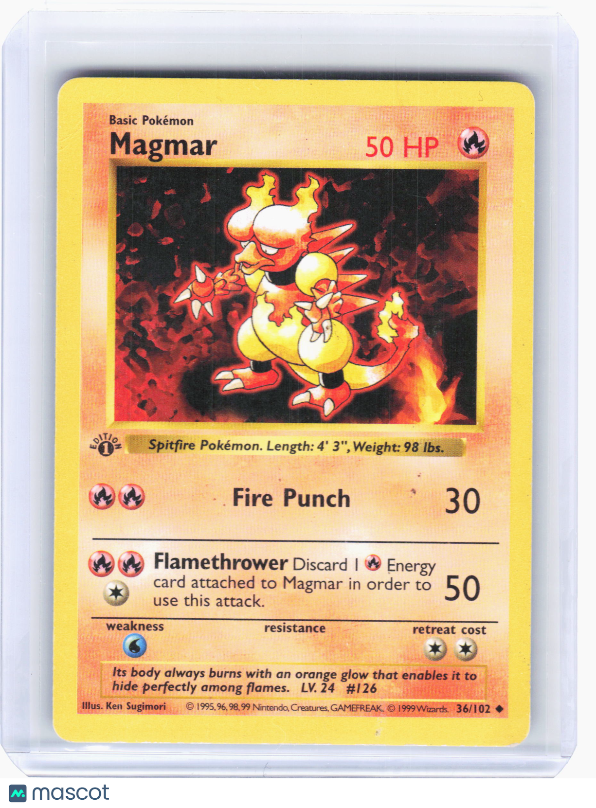 1999 Pokemon—Magmar #36/102 Base Set (Shadowless)—Uncommon Non-Holo [Damaged]