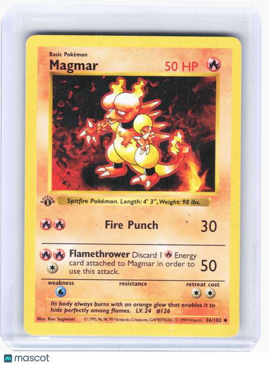 1999 Pokemon—Magmar #36/102 Base Set (Shadowless)—Uncommon Non-Holo [Damaged]