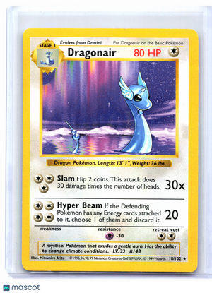 1999 Pokemon—Dragonair #18/102 Base Set (Shadowless)—Rare Nonholo [MP]