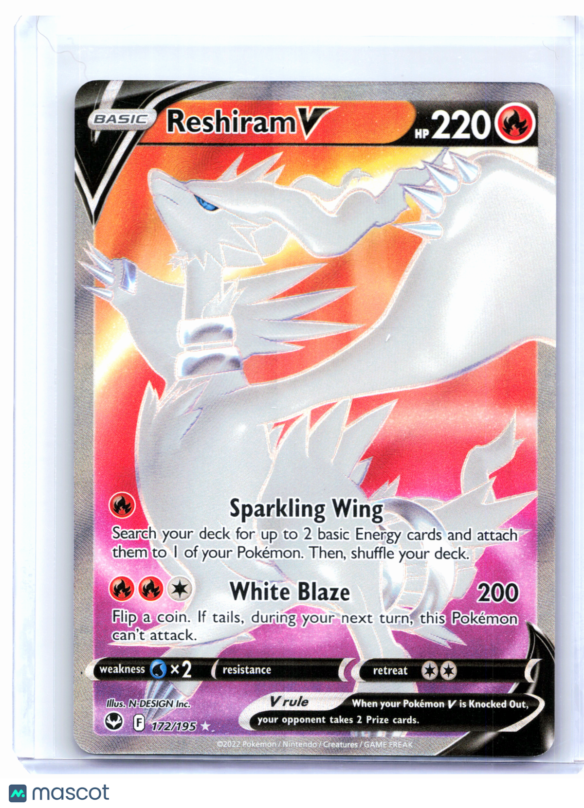2022 Pokemon—Reshiram V (Full Art) #172/195 Silver Tempest—Ultra Rare Holo