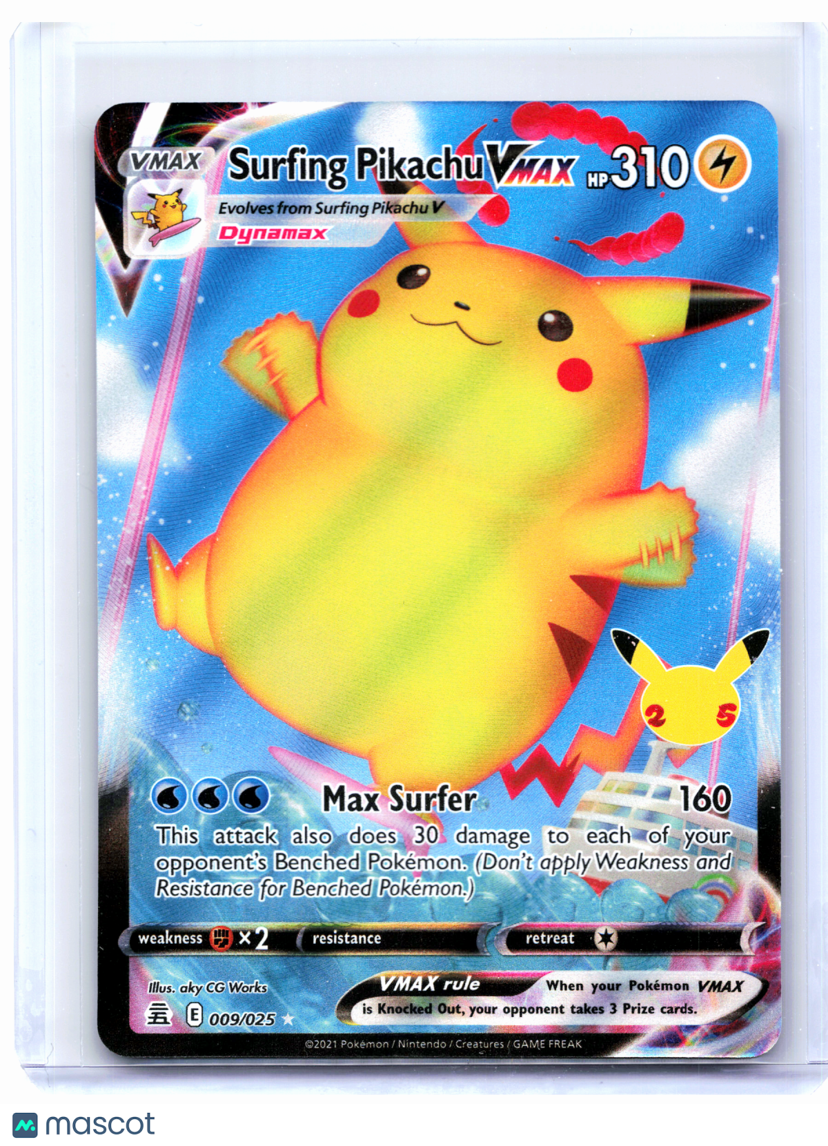 2021 Pokemon—Surfing Pikachu VMAX #009/025 Celebrations—Ultra Rare Holo