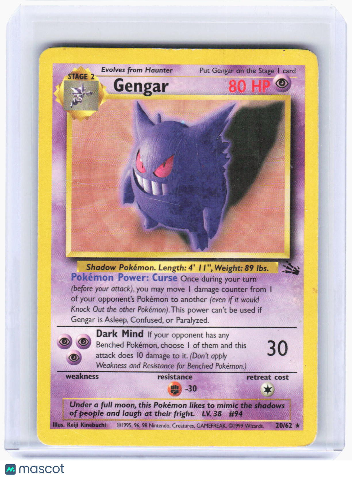 1999 Pokemon—Gengar #20/62 Fossil—Rare Non-Foil (Damaged)