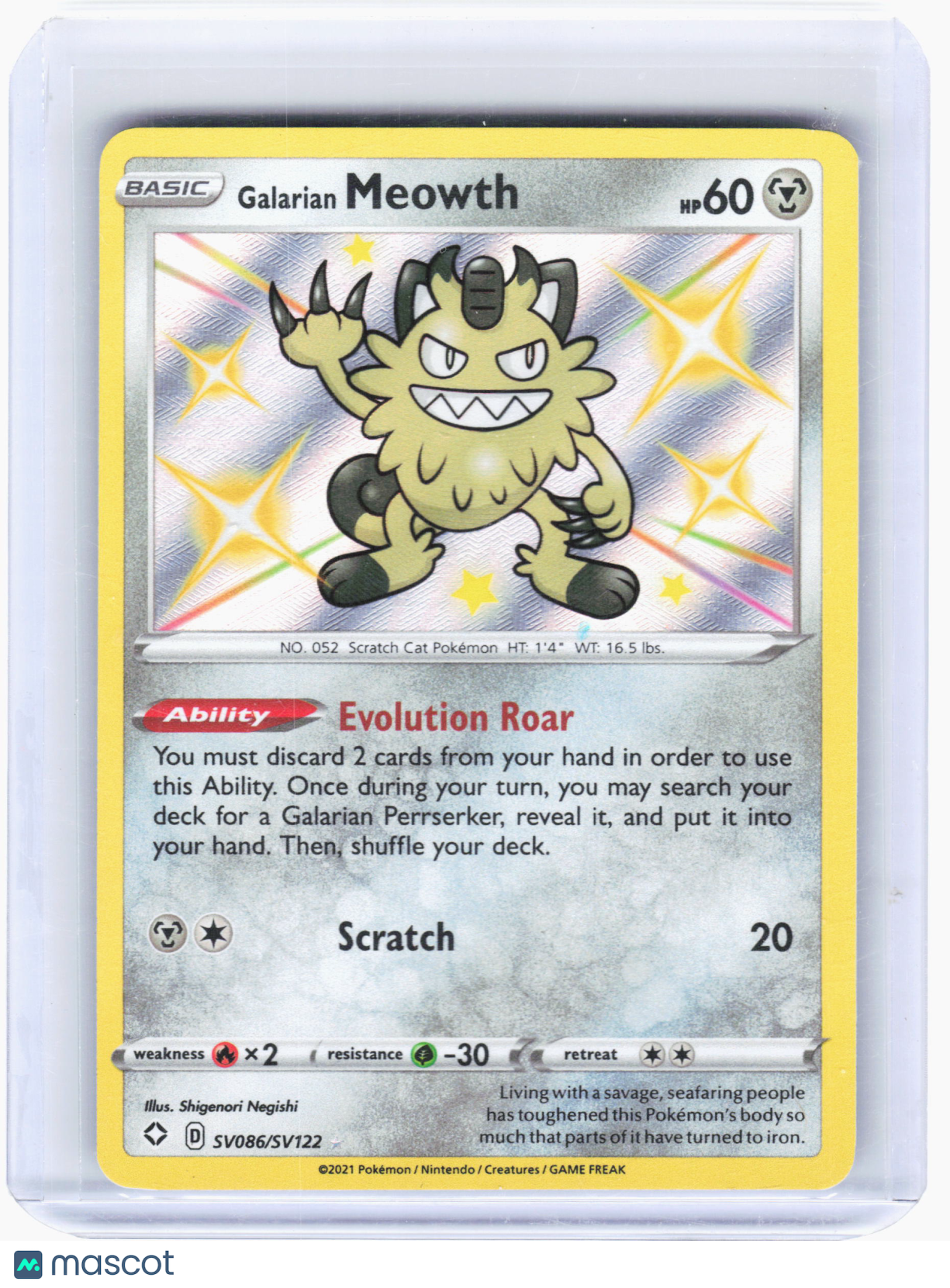2021 Pokemon—Galarian Meowth #SV086 Shining Fates: Shiny Vault—Shiny Holo Rare