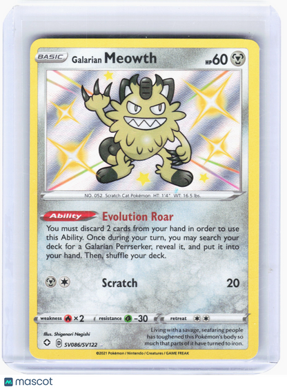 2021 Pokemon—Galarian Meowth #SV086 Shining Fates: Shiny Vault—Shiny Holo Rare