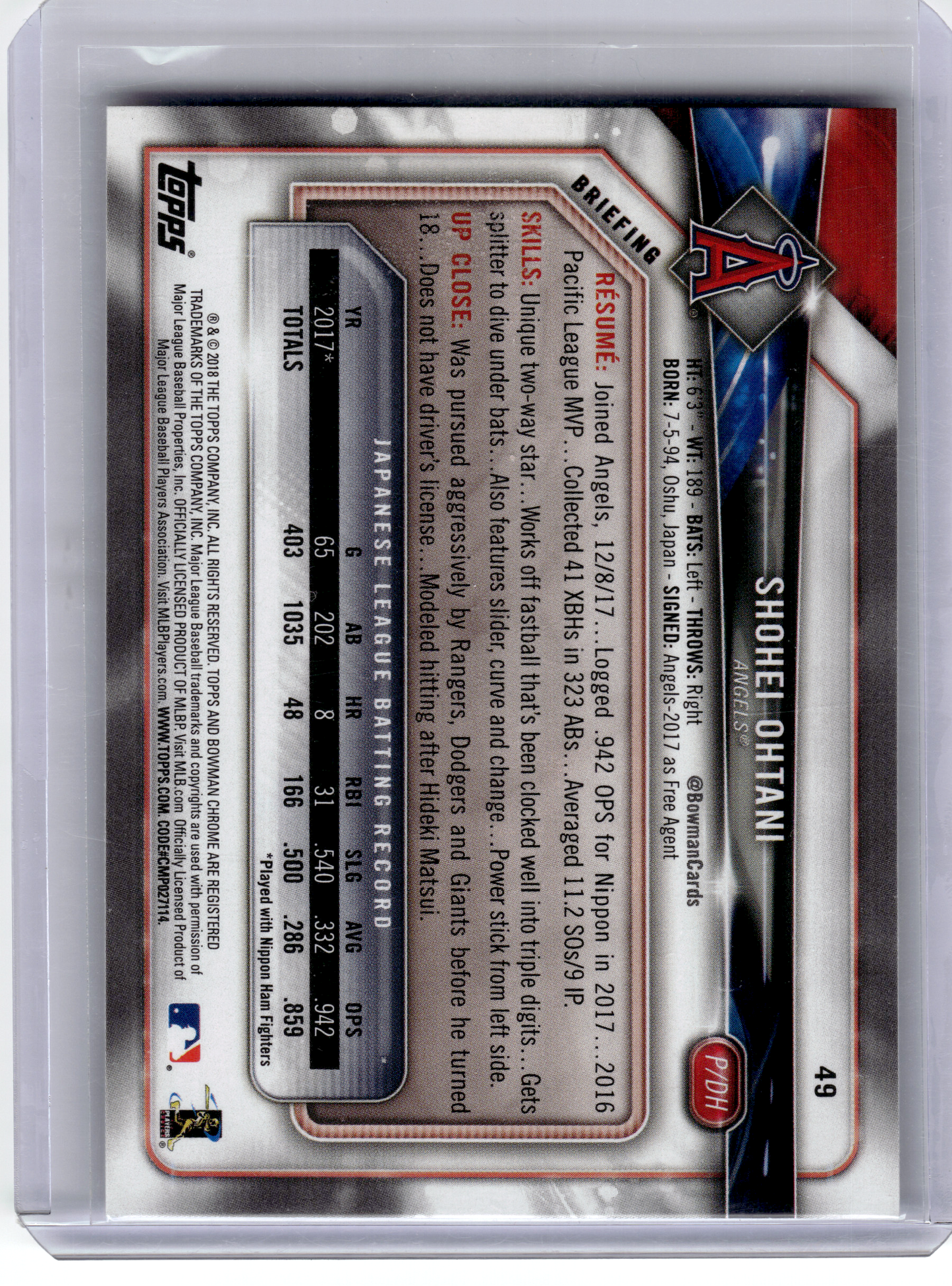 2018 Bowman Baseball—Shohei Ohtani #49 (RC)—Near Mint or Better