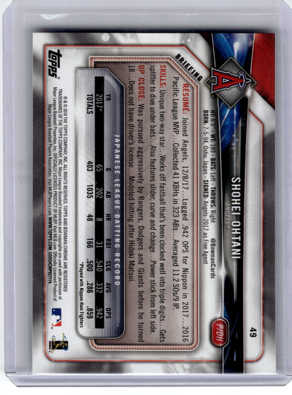 2018 Bowman Baseball—Shohei Ohtani #49 (RC)—Near Mint or Better