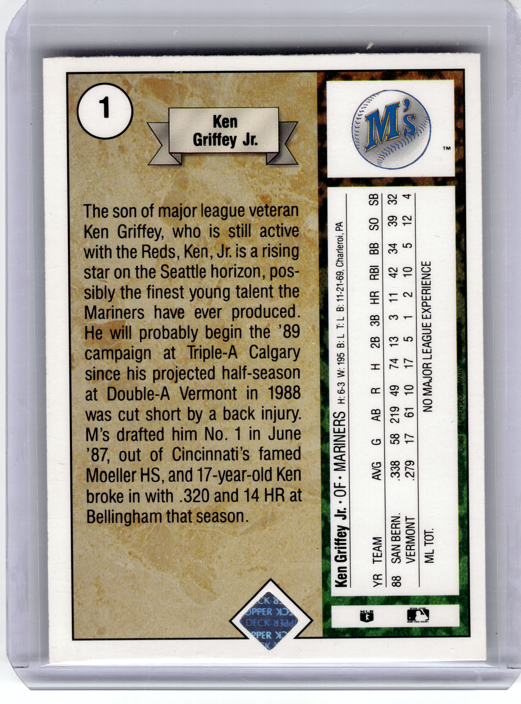 1989 Upper Deck Baseball—Ken Griffey Jr. #1 —Near Mint or Better