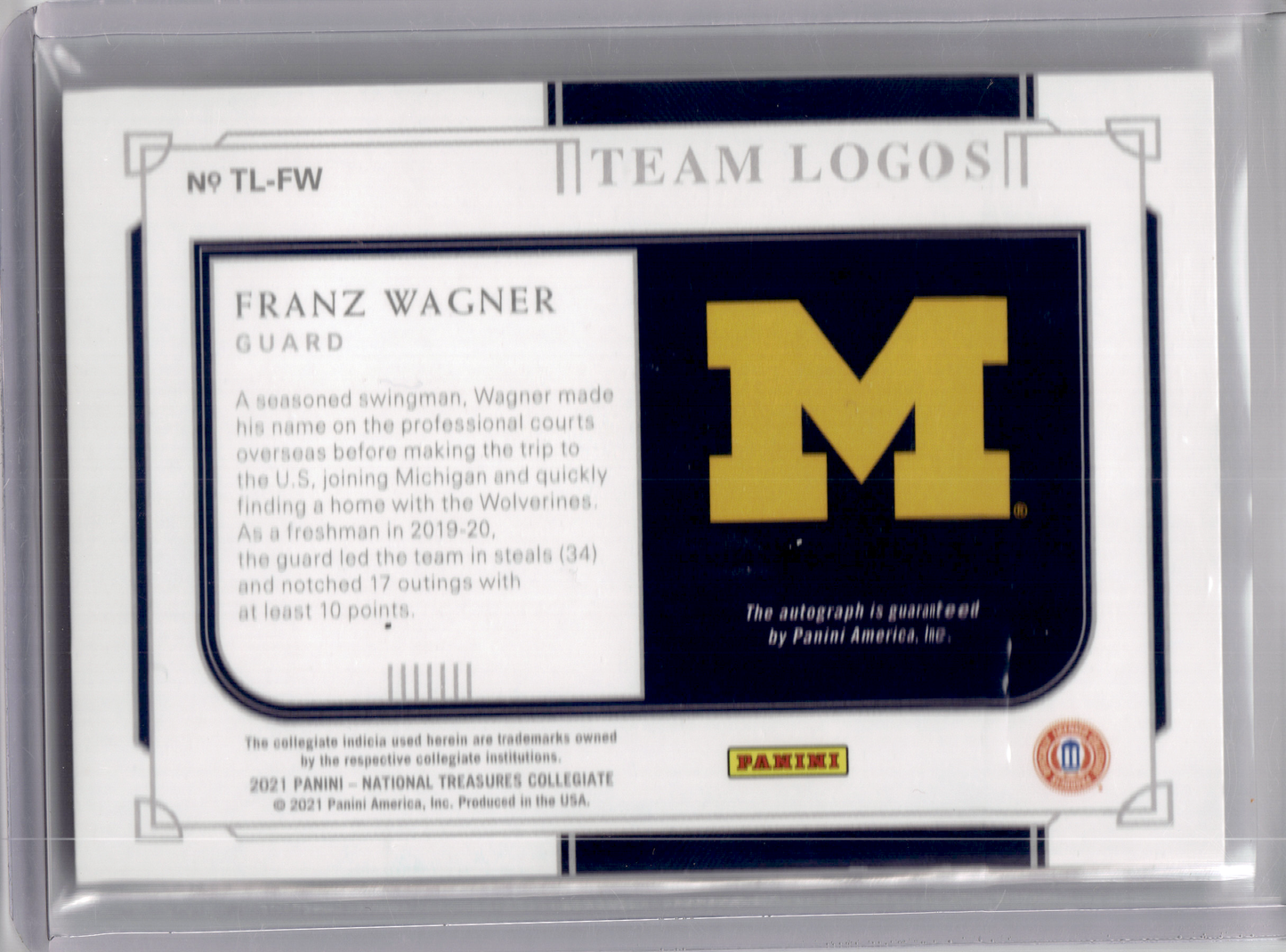 2019 Panini NT Collegiate Team Logos Basketball—Franz Wagner #TL-FW 03/35