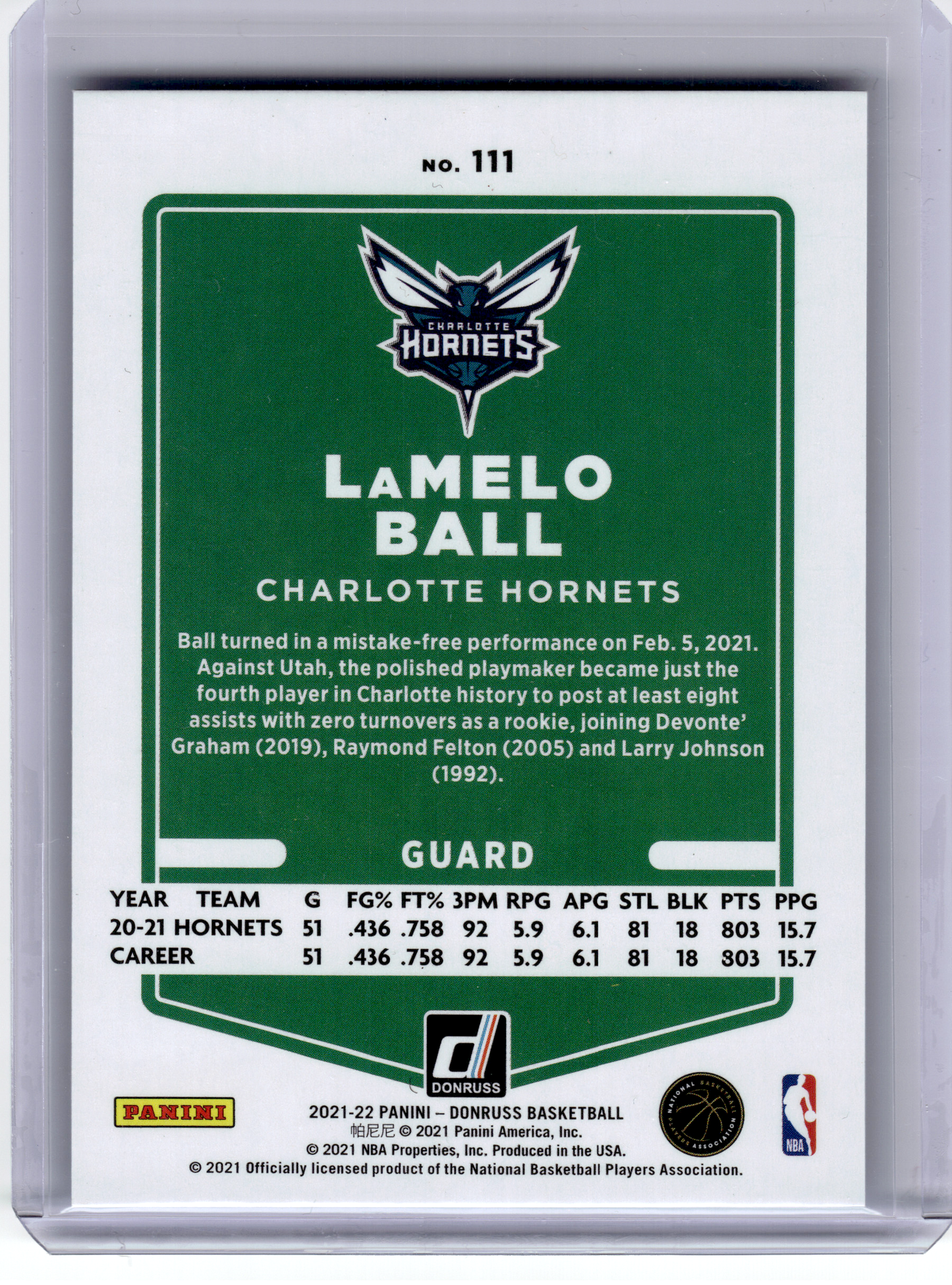 2021 Panini Donruss Basketball—LaMelo Ball #111 Blue Laser 11/60