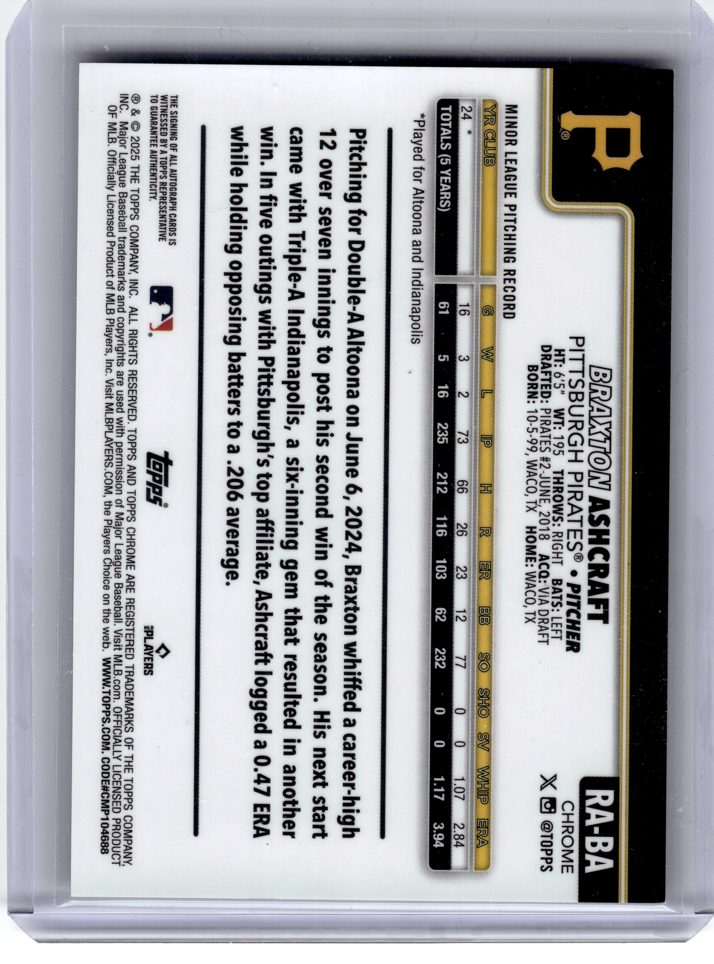 2025 Topps Chrome Baseball—Braxton Ashcraft #RA-BA Black Gold RC 10/10