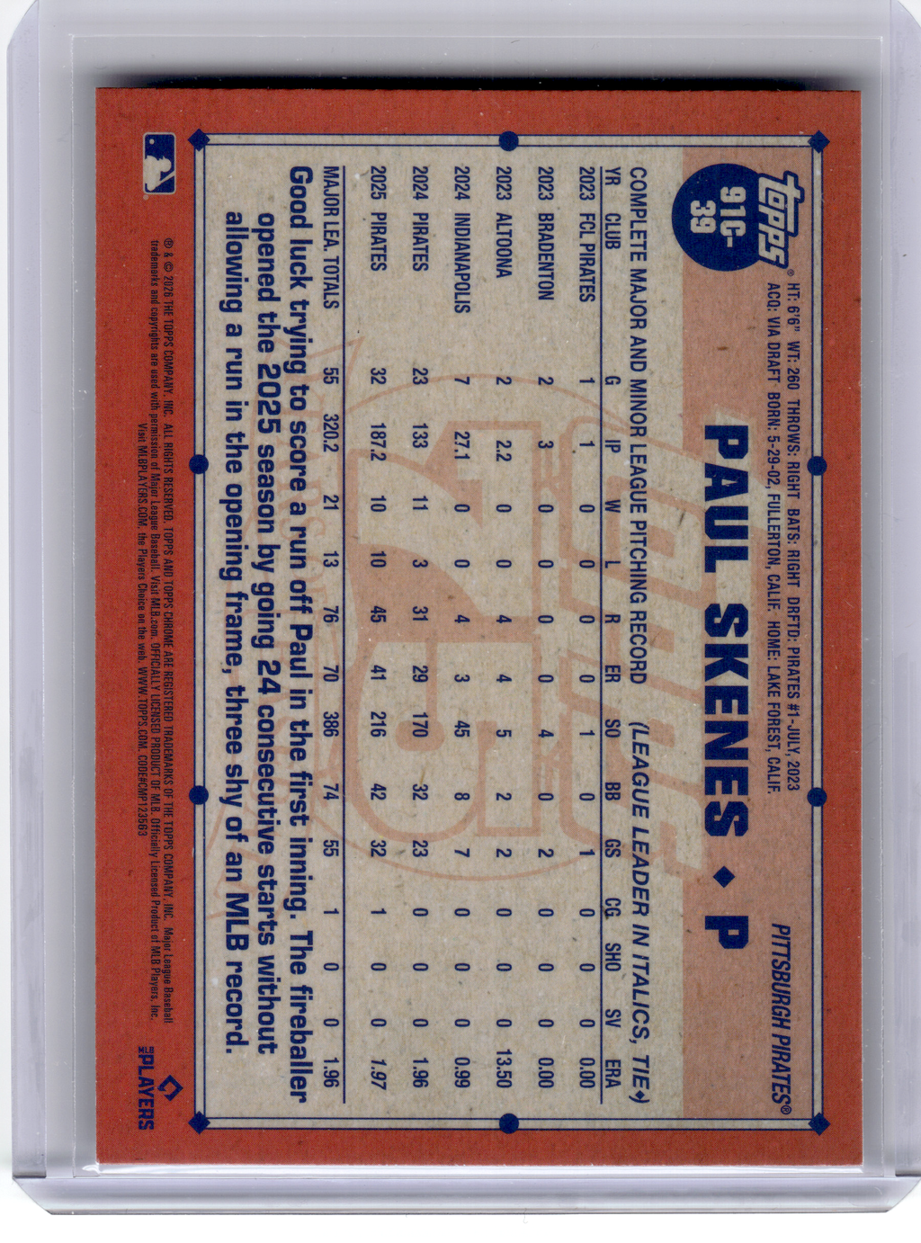 2025 Topps Chrome 75 Years of Baseball—Paul Skenes 91C-39 Silver Mojo Refractor