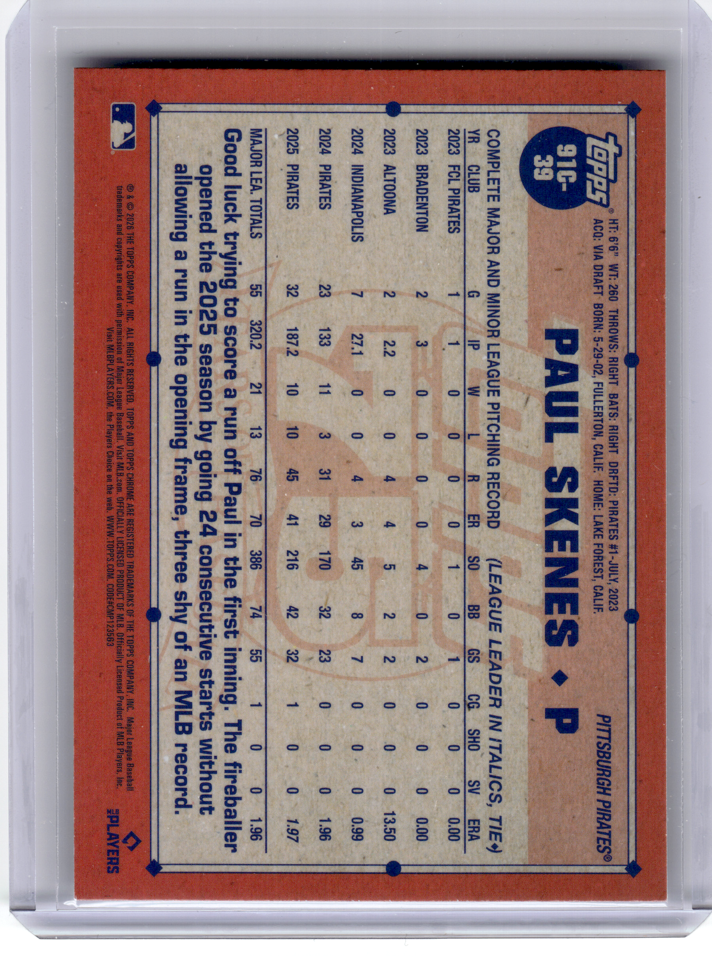 2025 Topps Chrome 75 Years of Baseball—Paul Skenes 91C-39 Silver Mojo Refractor