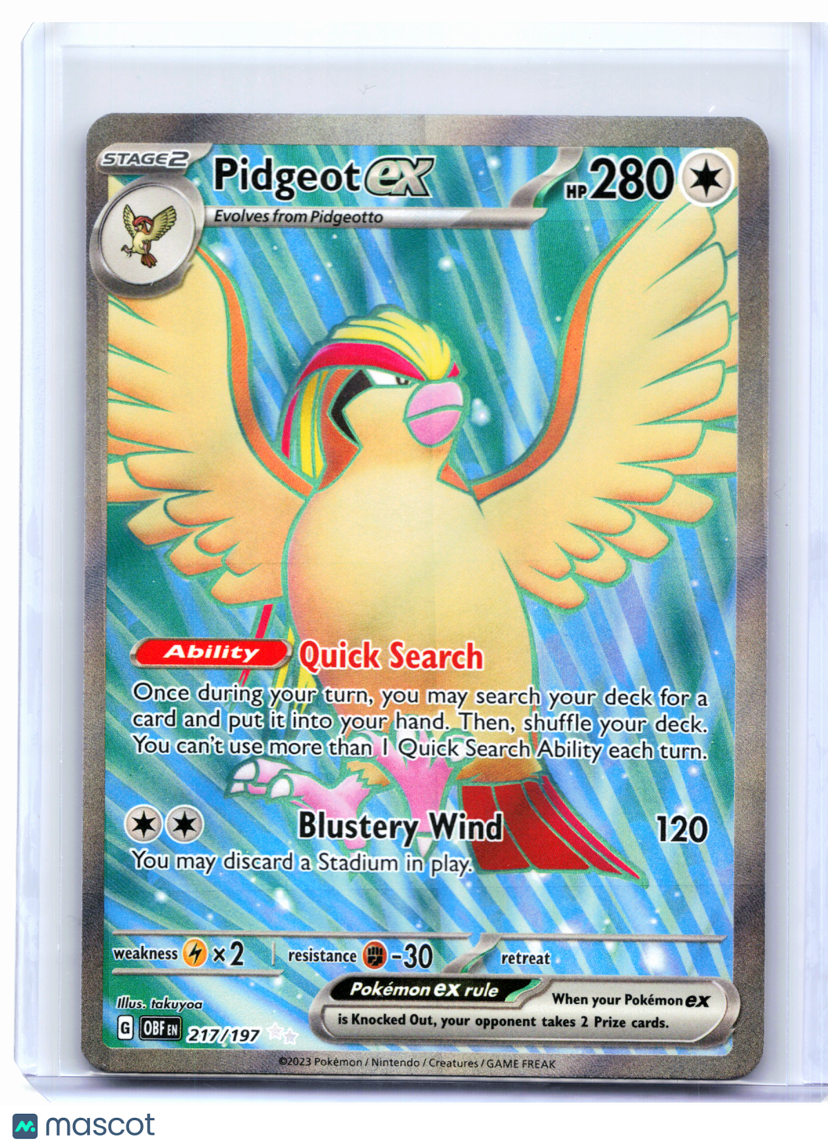 2023 Pokemon—Pidgeot ex #217/197 Obsidian Flames—Ultra Rare Holo
