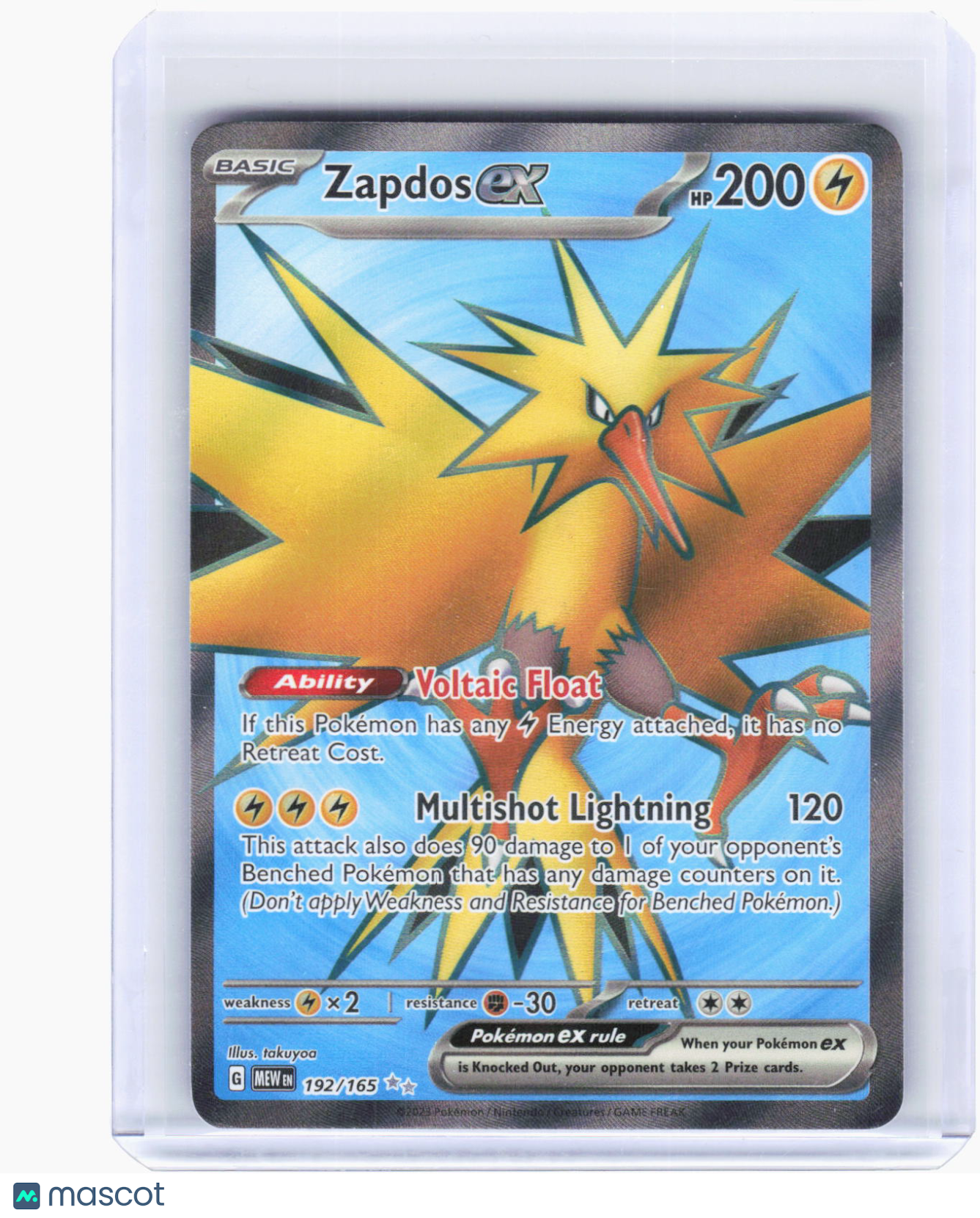 2023 Pokemon—Zapdos ex #192/165 Scarlet & Violet 151—Ultra Rare Foil (LP)