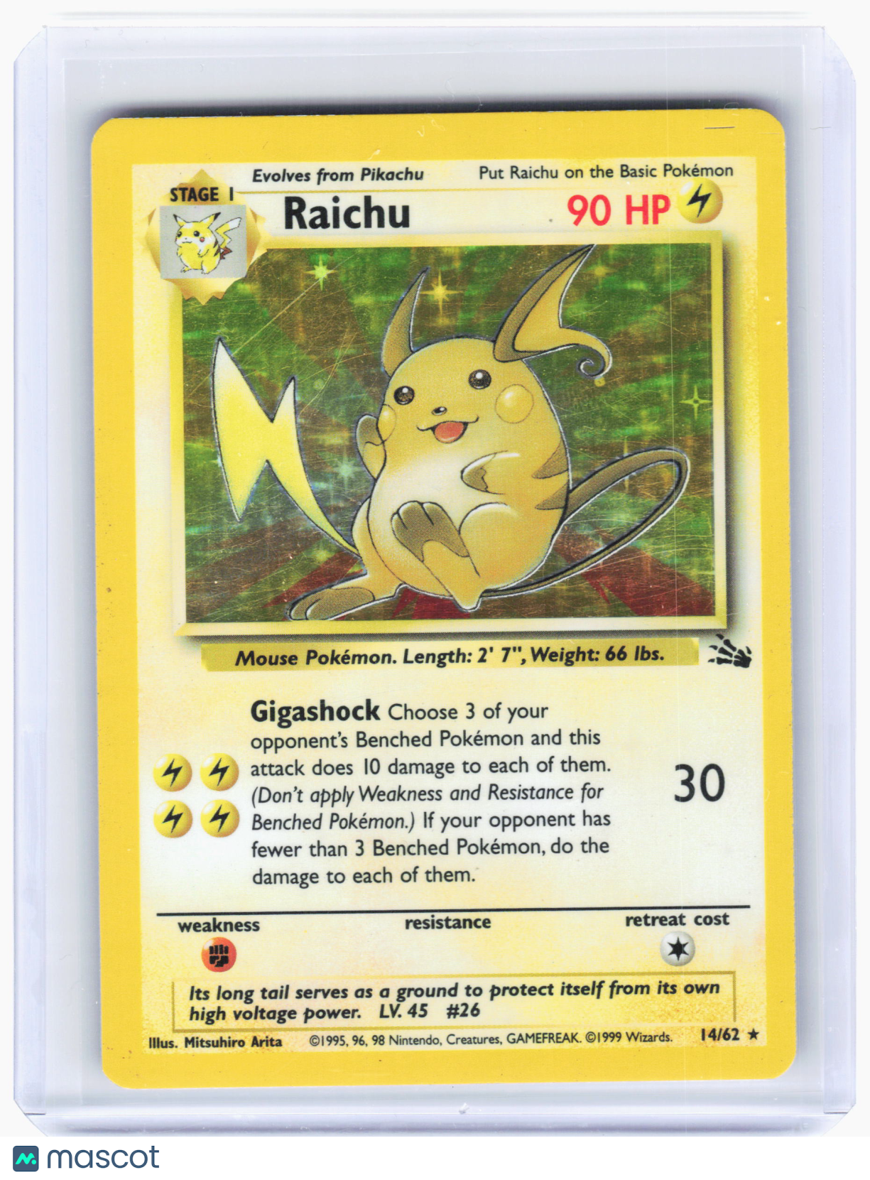 1999 Pokemon—Raichu #14/62 Fossil—Holo Rare Holo [Moderately Played]