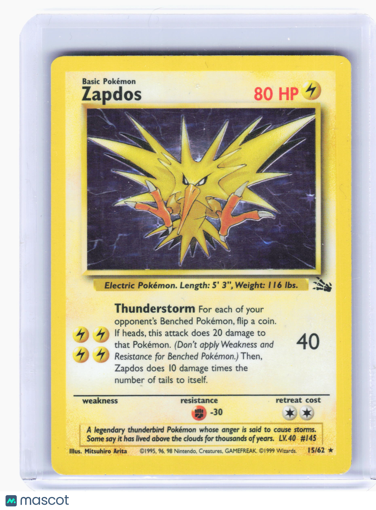 1999 Pokemon—Zapdos #15/62 Fossil—Holo Rare Holo [Heavily Played]