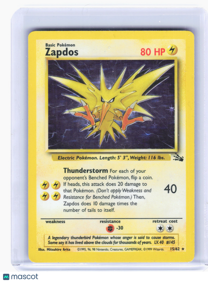 1999 Pokemon—Zapdos #15/62 Fossil—Holo Rare Holo [Heavily Played]