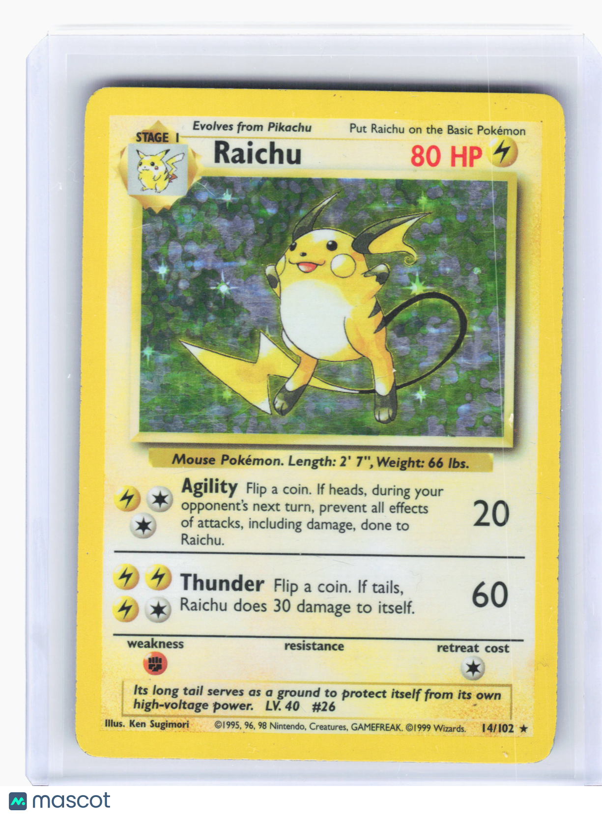 1999 Pokemon—Raichu #14/102 Fossil—Holo Rare Holo [Heavily Played]