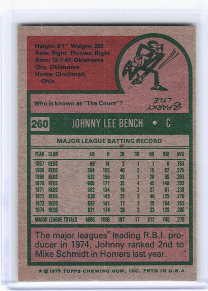 Topps 1975 Topps Baseball—Johnny Bench #260 —Very Good