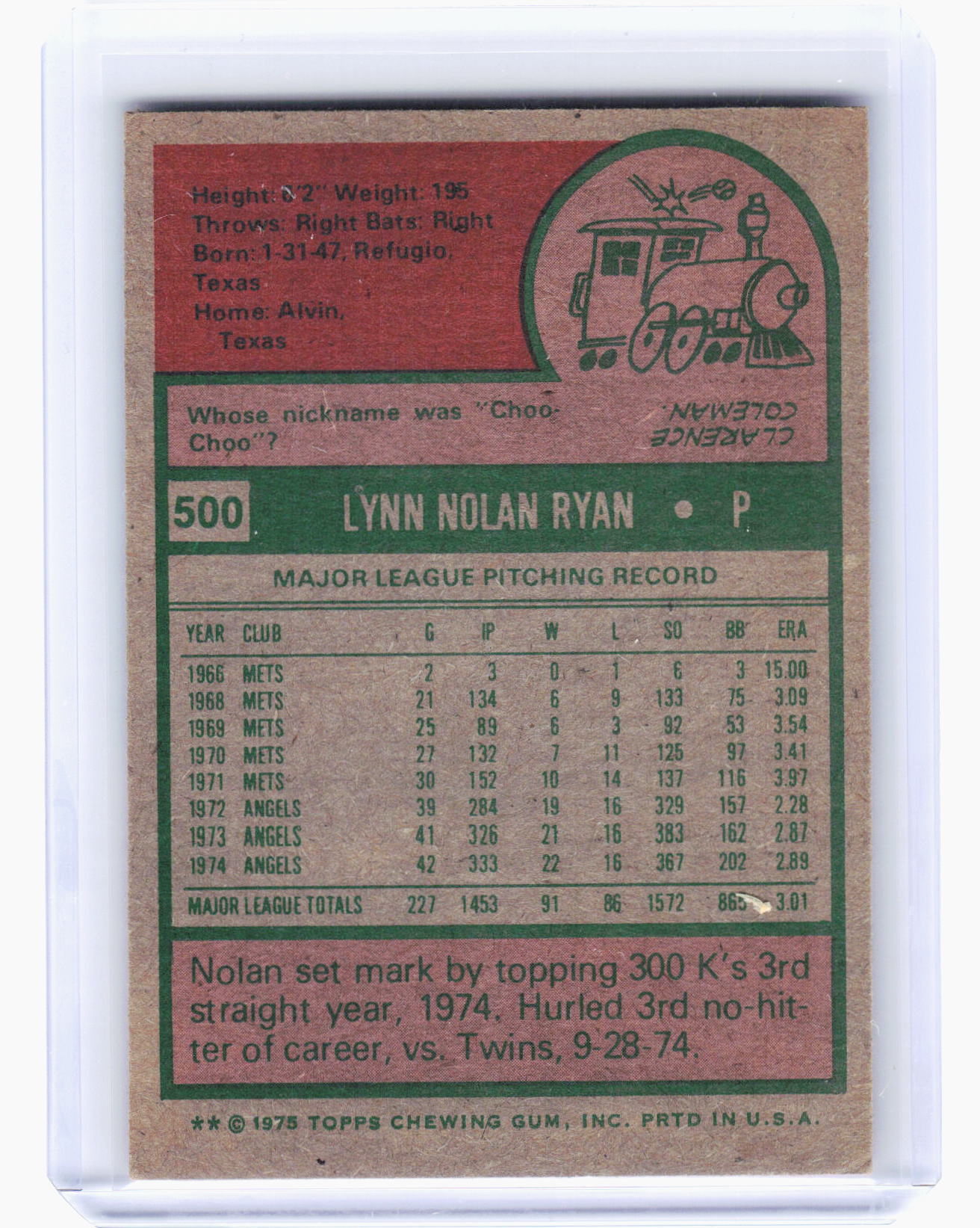 Topps 1975 Topps Baseball—Nolan Ryan #500 —Very Good